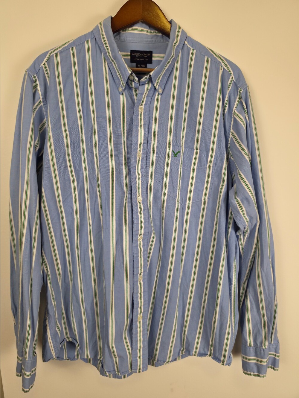 American Eagle Men XL Blue Green Striped Cotton Button Down Shirt Preppy Fall